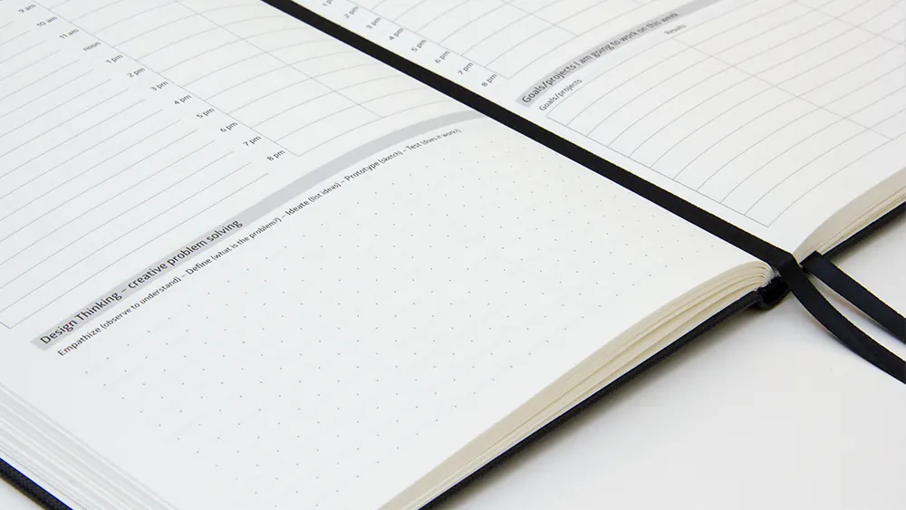 Undated Planner lying open flat with ribbon bookmarks across a dot-grid page