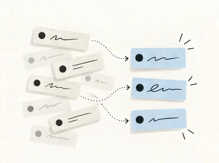 Illustration of scattered to-do notes, with dotted arrows sorting three of them into scheduled blue time blocks