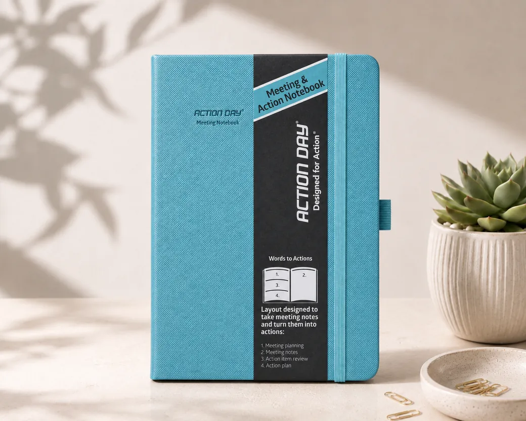 Action Meeting Notebook with a teal cover, standing on a desk beside a succulent