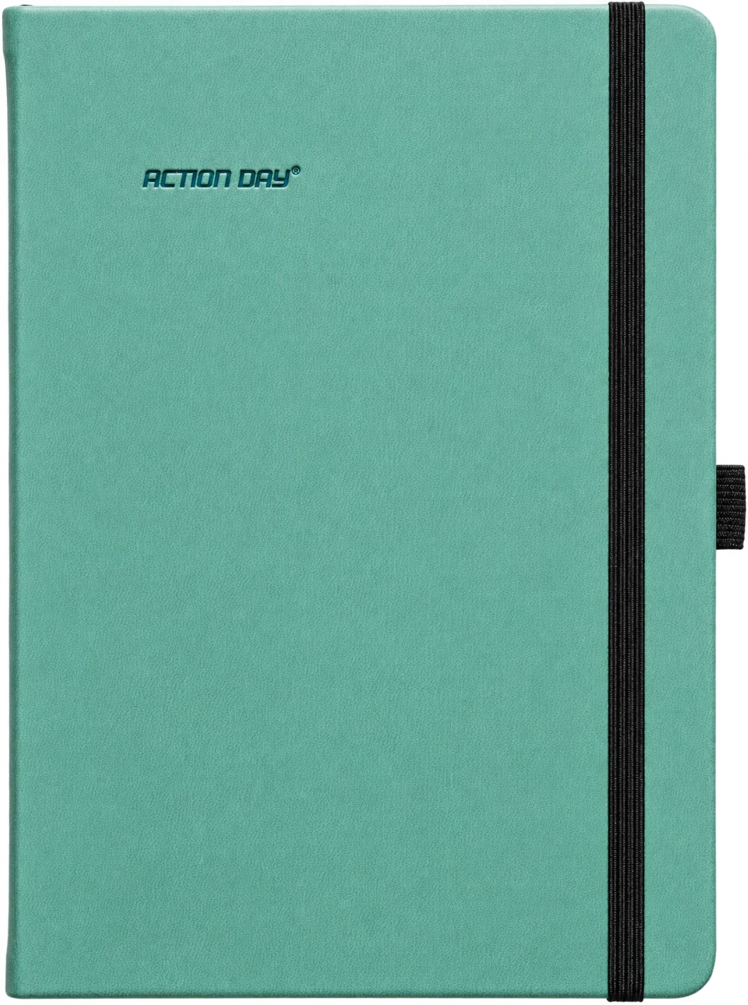 Action Day Yearly Planner in mint green, hard cover with black elastic closure and pen loop